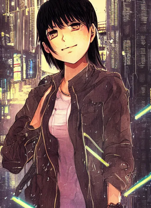 Prompt: manga cover, black-haired short-haired indian teenager wearing a brown jacket, middle-parted hair, intricate cyberpunk city, emotional lighting, character illustration by tatsuki fujimoto