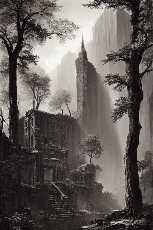 Image similar to (((((a ramshackle manhattan brick brownstone deep in the forest))))) by Raphael Lacoste!!!!!!!!!!!!!!!!!!!!!!!!!!!