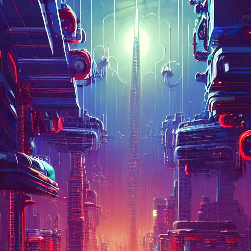 Prompt: robo cats inside an scifi tentacles wires futuristic city, beautiful signs, wide angle, retro futuristic comics, cinematic, highly detailed, photorealistic, rich bright colors, trending on artstation, giger, tsutomu nihei, trending on cgsociety, awe inspiring bruce pennington cityscape, digital art painting of 1 9 6 0 s