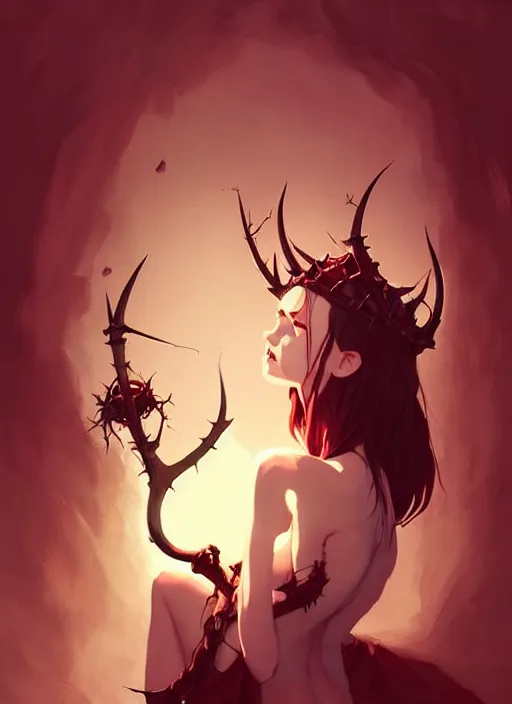 Prompt: cute succubus girl with crown of thorns and horns covered with runic tattoos, dark fantasy, by atey ghailan, by greg rutkowski, by greg tocchini, by james gilleard, by joe gb fenton, by in kaethe butcher, dynamic lighting, gradient light red, brown, blonde cream and white color in scheme, grunge aesthetic