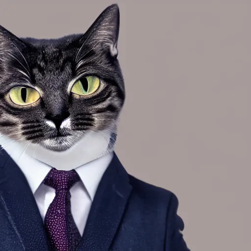 Image similar to high detail shot of a cat wearing a suit, realism 8k