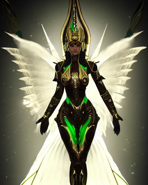 Image similar to sultry egyptian queen wearing white dove wings, warframe armor, regal, attractive, ornate, sultry, elize theron, pretty face, green eyes, scifi platform, 4 k, ultra realistic, epic lighting, illuminated, cinematic, black gold, art by akihito tsukushi, voidstar