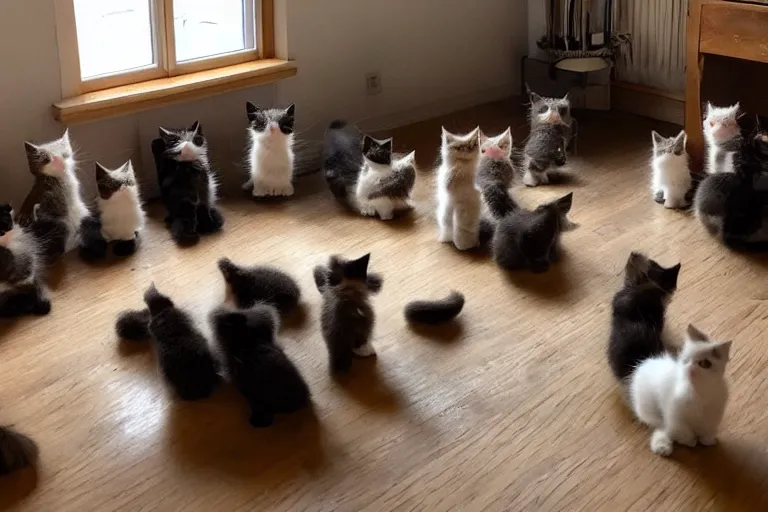 Prompt: a living room full of cute kittens that are all sitting and all of the kittens are facing directly at the camera and all of the cats are looking directly into the camera