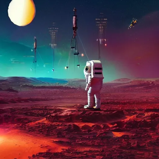 Prompt: Trending NFT digital artwork by Beeple with astronaut in weird dystopian Martian landscape full of pop culture references about Elon Musk
