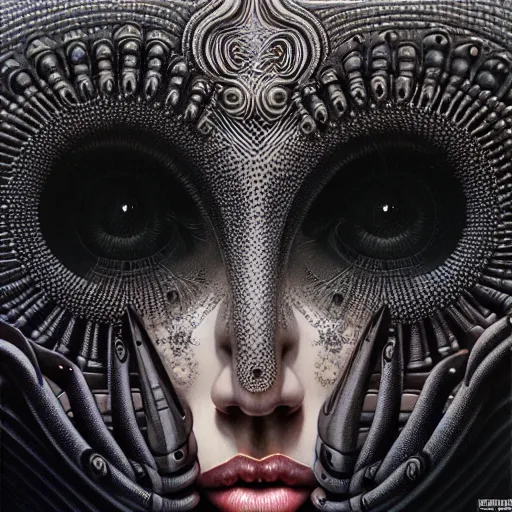 Image similar to ultra realist intricate painting of gothic female alien, curvy, black scales on face and cyborg tech, dystopian surrealism, symmetry accurate features, very intricate details, focus, high resolution, 4k, photo realistic, artstyle Alex Ries and Zdzisław Beksiński, award winning