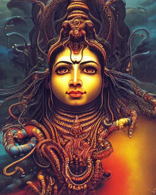 Image similar to One many-armed Shiva. Background in the colors of the rainbow. Drops of blood. High detail, hyperrealism, masterpiece, close-up, ceremonial portrait, solo, rich deep colors, realistic, art by Yoshitaka Amano, Ivan Aivazovsky, Giger