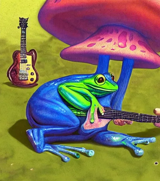 Image similar to a frog playing guitar on a hallucinogenic mushroom justin gerard