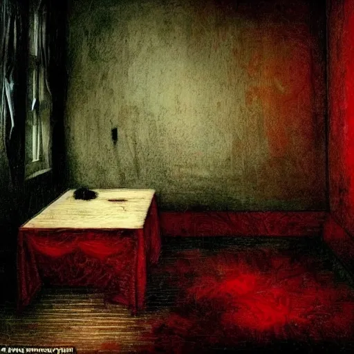 Prompt: a dark mind in a nightmare is aware of betrayal sadness and despondency of a illusion schizophrenia in a red hyper room