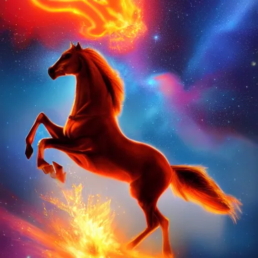 Image similar to horse flying through the cosmos on fire, painting, Artstation