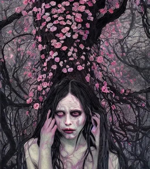 Prompt: a beautiful terrifying but sad female portrait black eyes twisted trees, crying tears, bloom made of flowers. ethereal horror fantasy art by greg rutkowski and raymond swanland and monet ernst ludwig kirchner