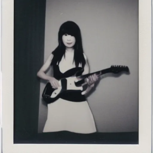 Image similar to a black and white polaroid of a female japanese musician playing an electric guitar, 1 9 7 0 s