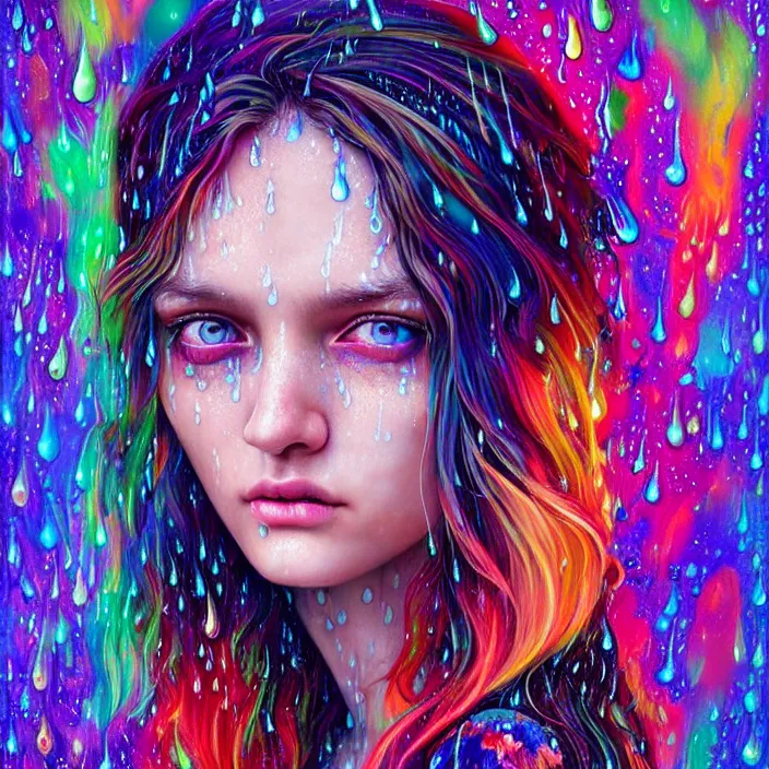 Image similar to bright psychedelic portrait with rain on face and wet hair, wings, smiling, diffuse lighting, fantasy, intricate, elegant, highly detailed, lifelike, photorealistic, digital painting, artstation, illustration, concept art, smooth, sharp focus, art by John Collier and Albert Aublet and Krenz Cushart and Artem Demura and Alphonse Mucha