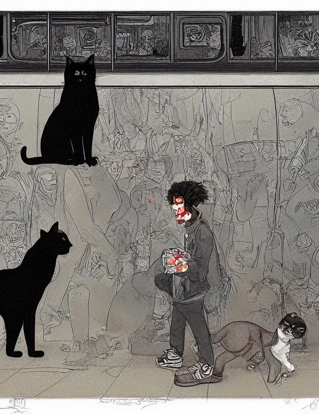 Image similar to realistic portrait of a stoned black cat and a lion lost in the very busy NYC subway looking at a train arriving to late by James Jean