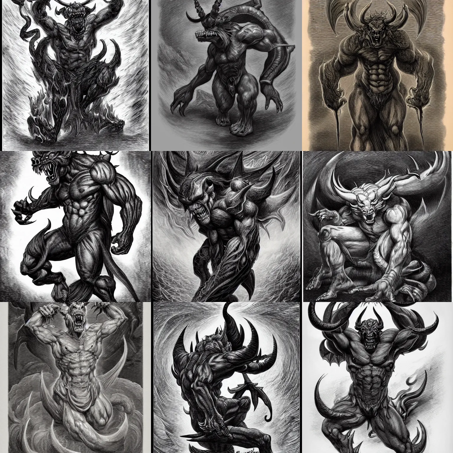 Prompt: full body, grayscale, 3/4 view, three quarter view, balrog, demon, muscled, large teeth, large horns, heroic pose, arms to side, hoofs, claws, long tail with horns, engulfed in swirling flames, tattoo, stylized, tarot, Gustave Dore