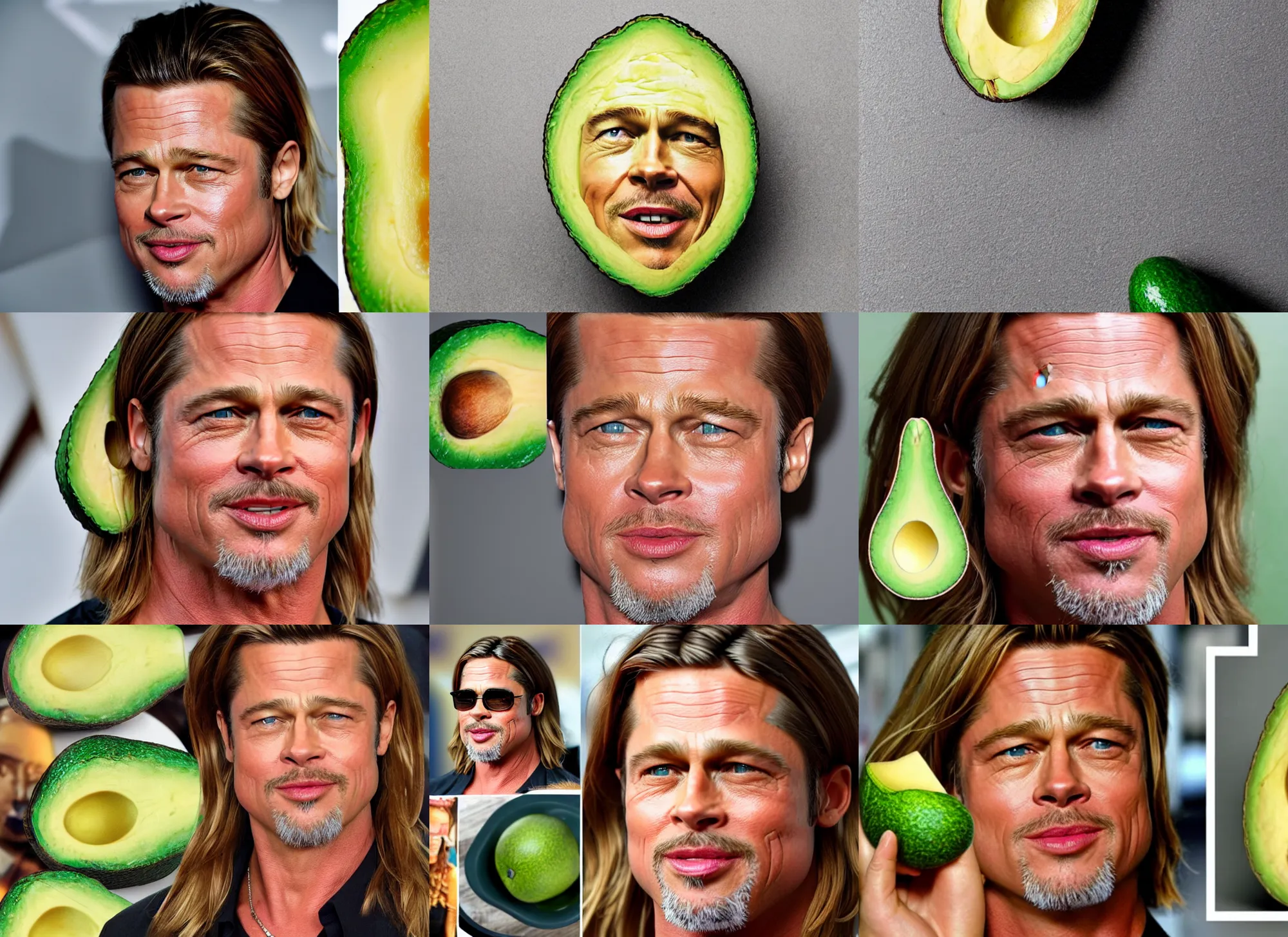 Prompt: the face of brad pitt in the middle of an avocado