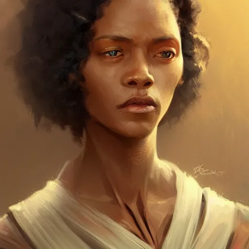 Image similar to portrait of a woman by greg rutkowski, youn jedi knight, black, afro hair, prettt, star wars expanded universe, she is about 2 0 years old, wearing jedi robes, highly detailed portrait, digital painting, artstation, concept art, smooth, sharp foccus ilustration, artstation hq