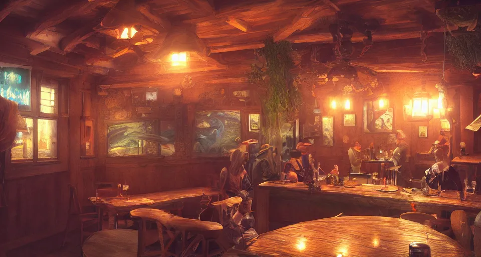 Prompt: a beautiful painting of a fish at a tavern, gigantic, octane render, brilliantly coloured, intricate, ultra wide angle, trending on artstation, dusk, volumetric lighting, polished, micro details, ray tracing, 8k