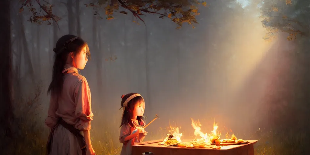 Image similar to big eyed brunette sweet little girl looking sad in front of barbecue near tent at camp, extremely detailed digital painting, in the style of fenghua zhong and ruan jia and jeremy lipking and peter mohrbacher, mystical colors, rim light, beautiful lighting, 8 k, stunning scene, raytracing, octane, trending on artstation