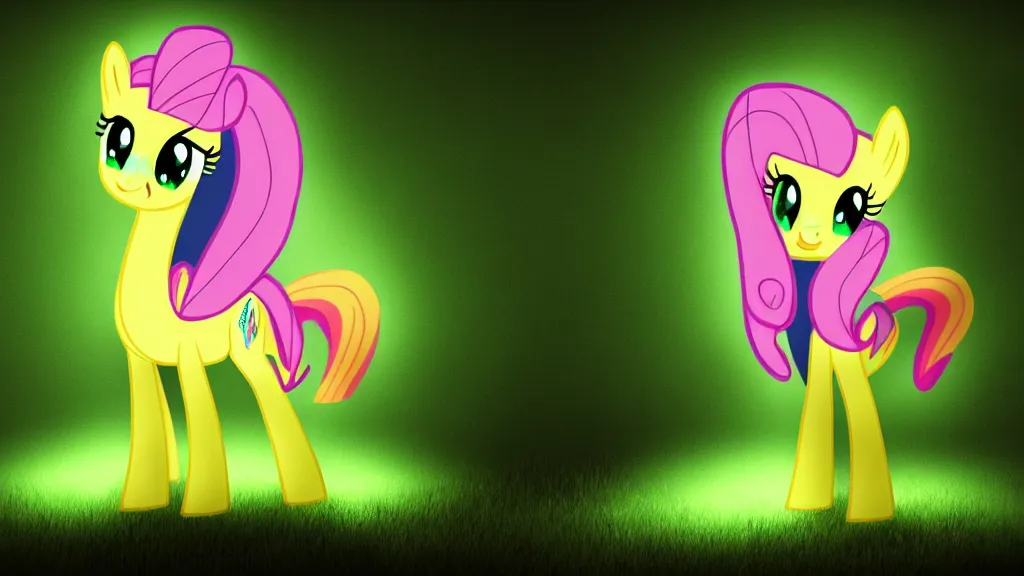 Prompt: 3D Fluttershy from My Little Pony as a necromancer, standing over a dead pony, bright green swirls coming up around her, glowing aura, pitch black background, dramatic and colorful lighting, she is surrounded by green chibi glowing skulls, smoke all around, unrealengine, 4k, HDR