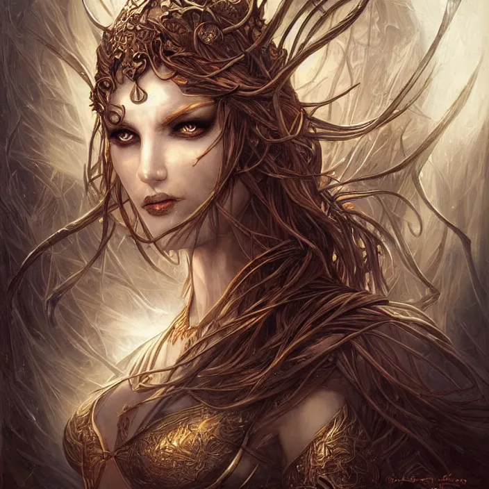 Prompt: a highly detailed symmetrical painting of a sorceress with piercing beautiful eyes, dark tomb setting, dynamic lighting, ambient lighting, deviantart, art by artgerm and karol bak and mark brooks