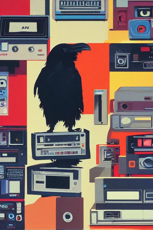 Image similar to a raven standing amongst 8 0 s era technology, vintage shapes, retro technology, pantone color, wayne barlow, oil on canvas, deep depth of field, masterpiece, cinematic composition, hyperdetailed