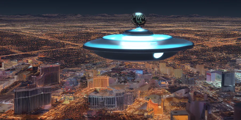 Image similar to a pfotograph of an giantic ufo over las vegas, movie poster, rule of threes, film photography, 3 d render, trending on artstation, 3 d society, futurism