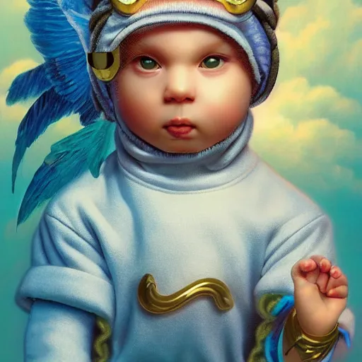 Image similar to Lofi vaporwave portrait baby cherub angel, ski mask, balaclava, face covered, Gucci, Nike, Chanel, multiple gold chains, Pixar style, Tristan Eaton, Stanley Artgerm, Tom Bagshaw