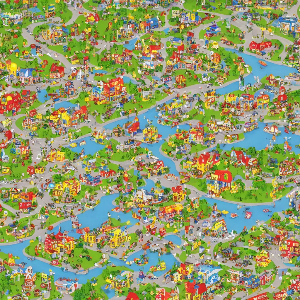 Prompt: Zoomed in section of a larger map of busytown by richard scarry, extreme detail, hyperdetailed, octane render 8k