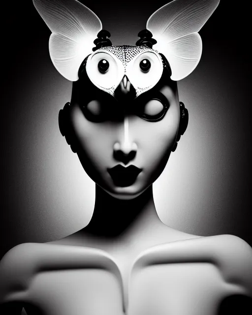 Image similar to surreal mythical dreamy dark artistic black and white fine art 3 / 4 fashion portrait photo of a young beautiful delicate female robot with orchid - owl face, rim light, cinematic, studio dramatic light, poetic, masterpiece, octane render, 8 k, photo - realistic by hg giger and man ray