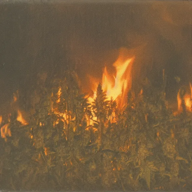 Prompt: field of cannabis burning on fire at night, forest fire, polaroid
