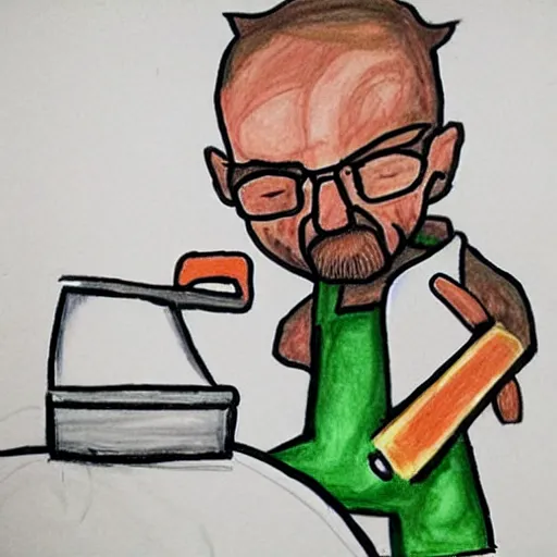 Image similar to Child's drawing of Walter White Cooking meth, simple, paper,