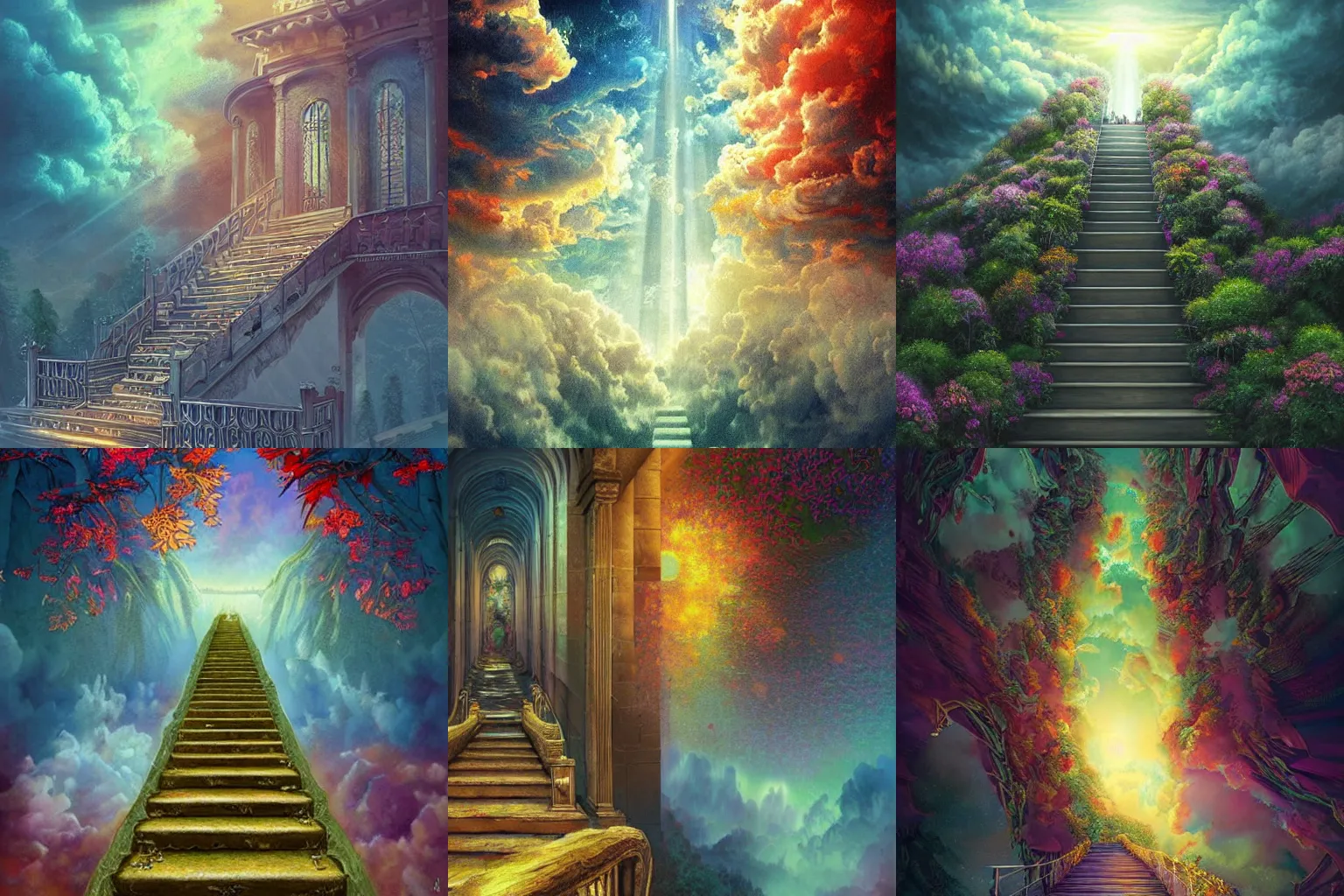 Prompt: A stunning scene of a stairway to heaven, heavenly atmosphere, detailed illustration, digital art, overdetailed art, complementing colors, trending on artstation, Cgstudio, the most beautiful image ever created, dramatic, subtle details, illustration painting, vibrant colors, 8K, award winning artwork, high quality printing, fine art, intricate, epic lighting, very very very very beautiful scenery, 8k resolution, digital painting, sharp focus, professional art, atmospheric environment, 8k ultra hd, artstationHD, hyper detailed, elegant, cinematic, awe inspiring, beautiful, super hyper duper extra realistic