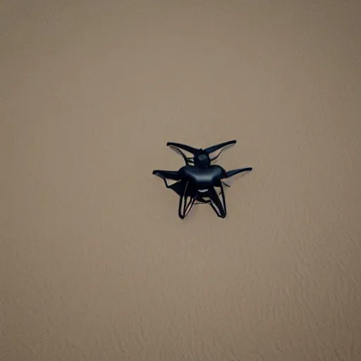 Image similar to photograph of a low polygon drone flying above sand,