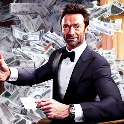 Prompt: action shot of hugh jackman at the club partying and taking selfies with a pile of cash in the background in GTA V or GTA VI, 8K, highly detailed, photo realistic