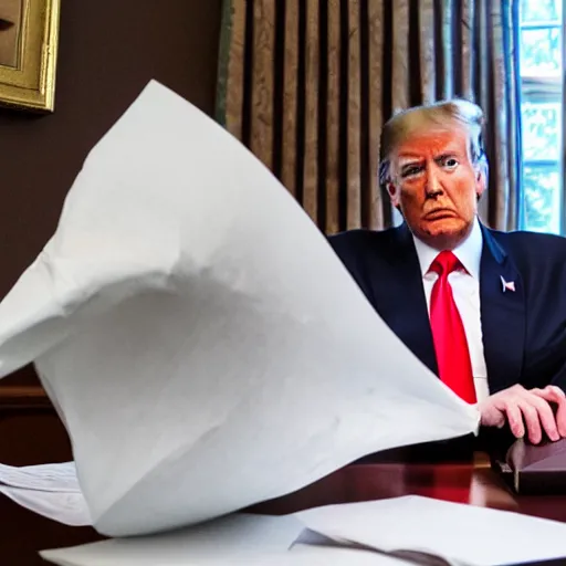 Image similar to candid portrait photo of president trump at his desk shoving crumpled papers into his mouth, chewing paper, eating paper, detailed portrait, 4 k, megapixel, sony a 7 s, f / 8, 2 4 mm lens