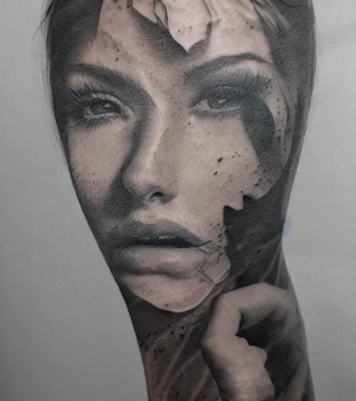 Prompt: realism tattoo sketch of a beautiful woman's face double exposure effect with amazing mountain scenery, in the style of matteo pasqualin, amazing detail, sharp, faded