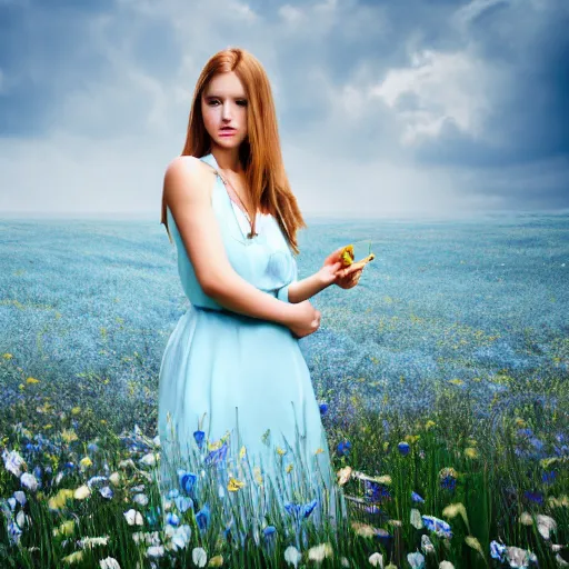 A woman with a light blue dress lies on a flower | Stable Diffusion