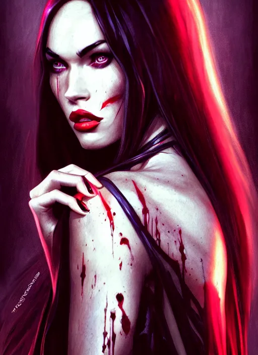 Image similar to portrait of megan fox as a evil vampire queen, bloody tears, jewelry, greek, dark, intricate, headshot, vampirism fangs, key visual, conceptart, ambient lighting, highly detailed, digital painting, artstation, concept art, sharp focus, by makoto shinkai and akihiko yoshida and greg manchess