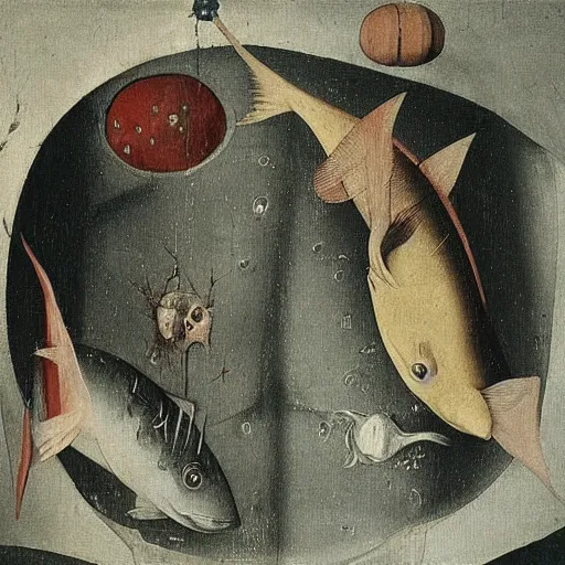 Prompt: two fishes talking to eachother in deep sea, art by hieronymus bosch