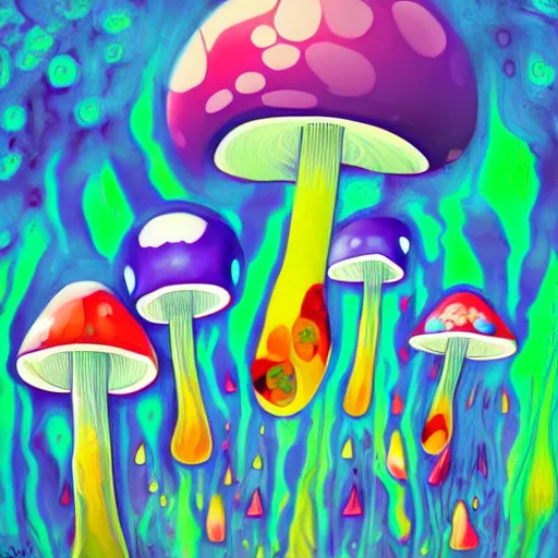 Image similar to trippy mushrooms, acrilic paint, digital, artstation