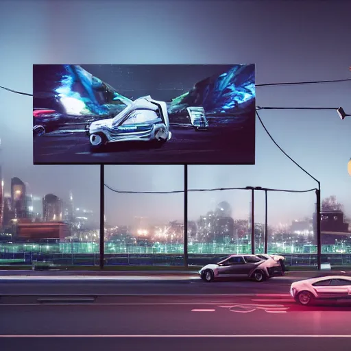 Image similar to sci-fi cars wall near structure on the coronation of napoleon painting and digital billboard in the middle, unreal engine 5, keyshot, octane, artstation trending, ultra high detail, ultra realistic, cinematic, 8k, 16k, in style of zaha hadid, in plastic, dark, tilt shift,