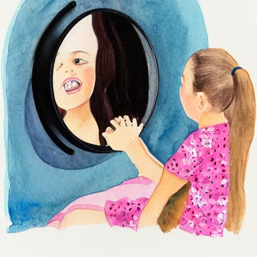 Prompt: rear view of a dark haired young girl and her reflection in a mirror, shocked expression, hand over mouth, 1990s bedroom, children's book illustration, watercolor, line drawing