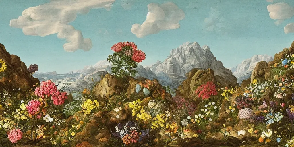 Image similar to mountain landscape with many flowers, by mahmoud sai and maria sibylla merian, intricate, sharp focus, detailed, lively colors, sky, water