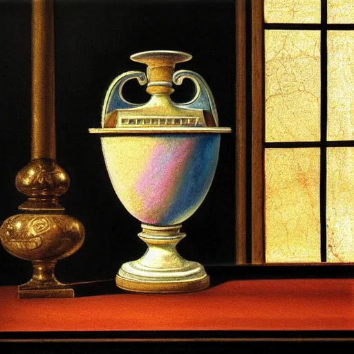 Image similar to still life painting of a room with a balcony and a marbled pedestal displaying an ancient holy blinkmoth urn artifact, centered in frame chromed and ornate with gentle iridescent shine from within. perspective from the side. realistic light and shadows. moody fantasy art, still life renaissance pastel painting. close up