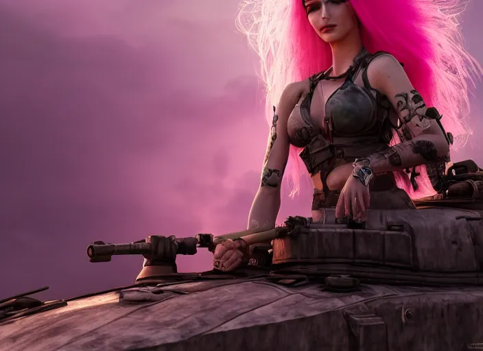 Image similar to beautiful apocalyptic woman with pink Mohawk, posing on mad max panzer tank, 4k ultra hd, fantasy dark art, artstation, octane render