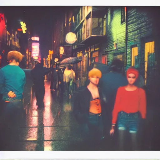 Image similar to polaroid of punks on the lower east side, colorful, nighttime, raining!