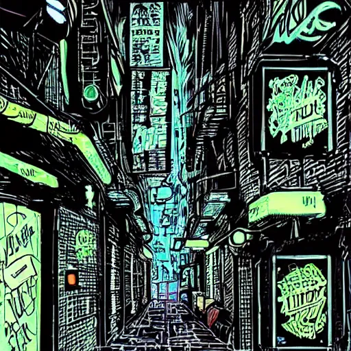 Prompt: a neon sign lit alley in a cyberpunk setting, as drawn by Sam Kieth