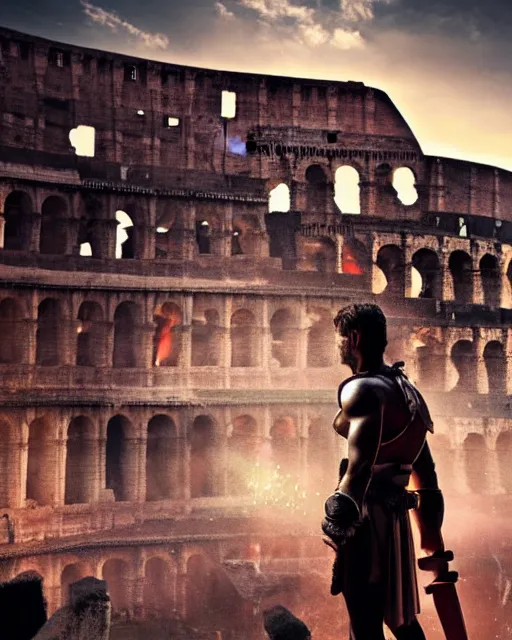 Image similar to Movie poster of a Roman gladiator, out of focus colosseum in background with spectators, in the style of Greg Rutkowski and Ace Powell and Jean Giraud, extremely moody lighting, glowing light and shadow, atmospheric, shadowy, cinematic