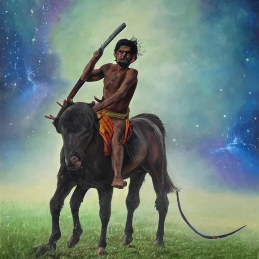 Image similar to portrait of head and body, single bangla farmer fighting on hoseback, hand to hand combat with machete, wielding machete, full body view, long flowing hair, fighting for his life, nebula aura surrounding subject, horseback combat attacker foreground, background of invading army, nestor canavarro hyperrealist art style, sharp outlines