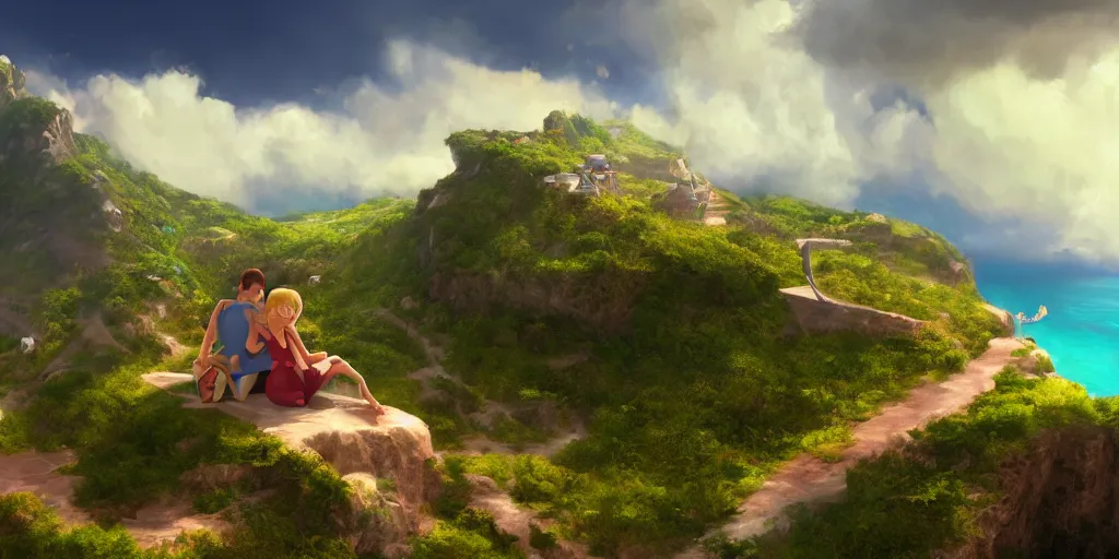 Image similar to a beautiful couple sitting in a cloud very high in the sky above emerald lagoon of Sint-Marteen, mattepainting concept Blizzard pixar maya engine on stylized background global illumination lighting artstation in the style of The Road to El Dorado
